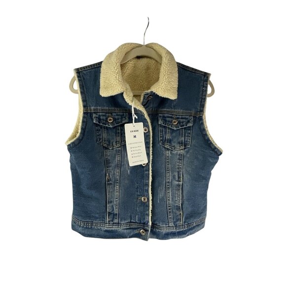 Omoone Sherpa-Lined New Denim Vest Button Closure M Blue Sleeveless Jacket Stree - Picture 2 of 7